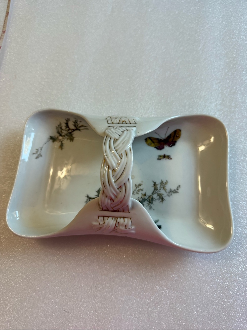 Limoges White Porcelain Double Dish with Braided Handle and Butterfly Motif
